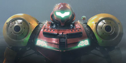 HD wallpaper featuring a crossover of Pacific Rim and Metroid, showcasing a powerful robot with Samus Aran's iconic suit design.