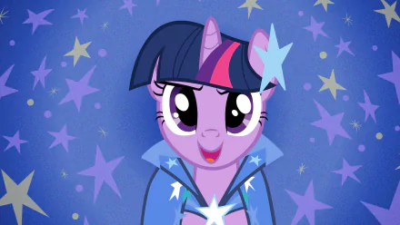 Bright HD PC desktop wallpaper of Twilight Sparkle from the TV show My Little Pony: Friendship Is Magic, smiling against a purple star-filled background.