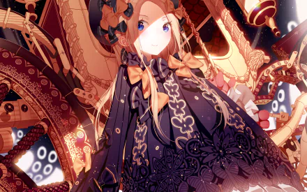 HD anime desktop wallpaper featuring Abigail Williams from Fate/Grand Order in intricate, dark-themed attire with glowing, mechanical background elements.
