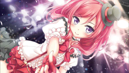 HD anime wallpaper of Maki Nishikino from Love Live! with pink hair, purple eyes, a blush, and wearing a detailed hat and frilly outfit.