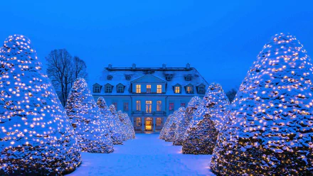 A snowy palace in Germany is adorned with Christmas trees and sparkling lights, creating a magical winter scene. The image is high-definition and serves as a beautiful desktop wallpaper.