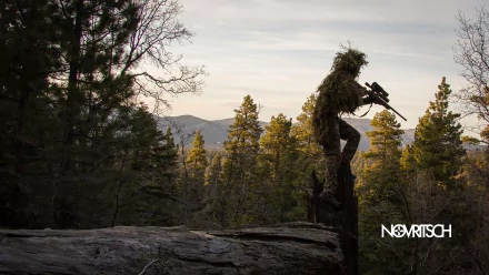 HD desktop wallpaper showing a military sniper in camouflage perched on a tree stump, blending into a forest landscape at dawn or dusk.