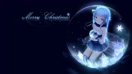 Anime-style original HD desktop wallpaper featuring a blue-haired girl holding a glowing orb inside a translucent bubble with Merry Christmas text on a dark background.