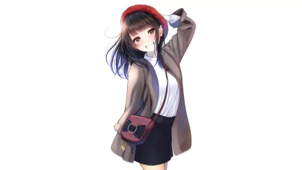 Anime-style original HD desktop wallpaper featuring a young woman with dark hair, wearing a red beret, brown coat, white top, and black skirt against a white background.