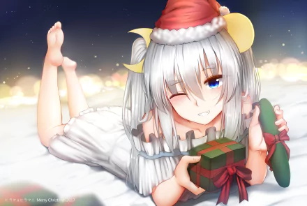 HD PC wallpaper featuring Kashima from Kantai Collection in anime style, wearing a Santa hat and holding a Christmas gift against a snowy, festive background.