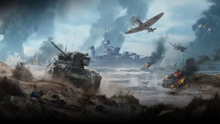 HD PC desktop wallpaper from the video game World of Warplanes, featuring intense aerial dogfights above a wartime battlefield with tanks and a battleship.