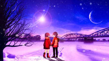 HD desktop wallpaper featuring Satoru Fujinuma and Kayo Hinazuki from the anime Erased (Boku Dake Ga Inai Machi), standing hand in hand on a snowy landscape under a starry sky with a bridge in the background.