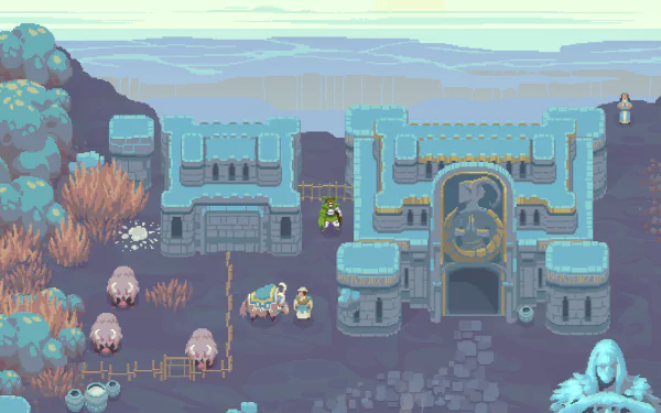HD wallpaper of Moon Hunters game featuring pixel art of a character outside a mystical fortress, with creatures and ambient lighting.