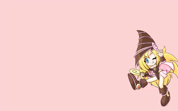 HD anime wallpaper featuring Dark Magician Girl from Yu-Gi-Oh! with a bright pastel pink background and her dynamic pose on the right side.