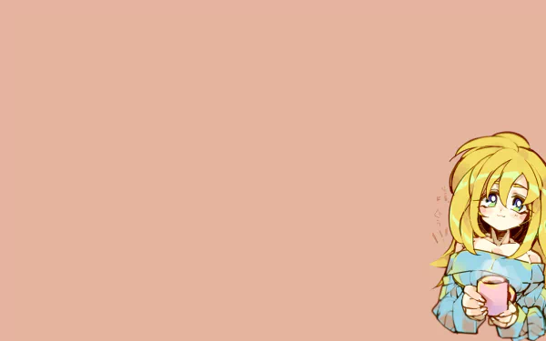 HD PC desktop wallpaper of Dark Magician Girl from the Yu-Gi-Oh! anime — smiling and holding a mug at the right against a wide soft peach background.