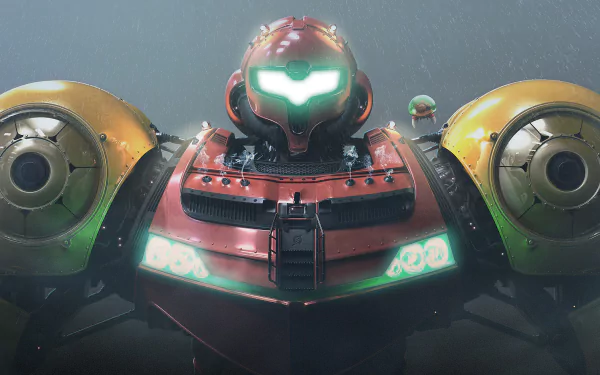 HD wallpaper featuring a crossover of Pacific Rim and Metroid, showcasing a powerful robot with Samus Aran's iconic suit design.