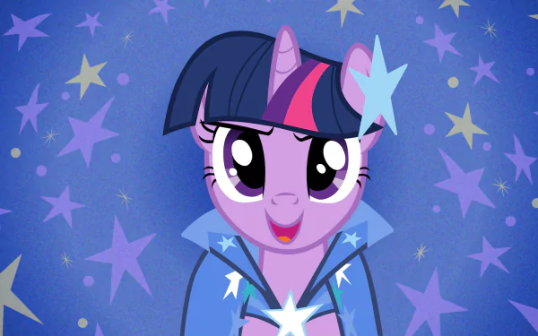 Bright HD PC desktop wallpaper of Twilight Sparkle from the TV show My Little Pony: Friendship Is Magic, smiling against a purple star-filled background.