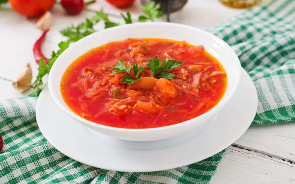 5K Ultra HD PC desktop wallpaper showing a bowl of vibrant red vegetable soup garnished with parsley on a white plate atop a green-checkered cloth.