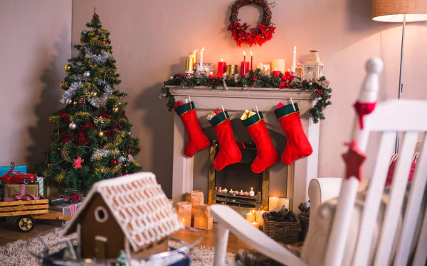 gingerbread stocking fireplace christmas tree holiday Christmas HD Desktop Wallpaper | Background Image
