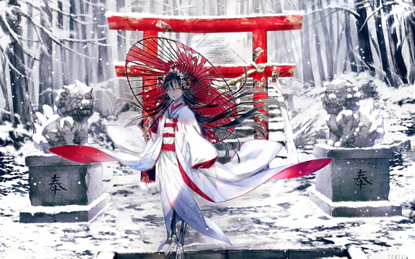 HD desktop wallpaper of an original anime character in traditional attire with an umbrella, standing in a snowy forest with a red torii gate in the background.