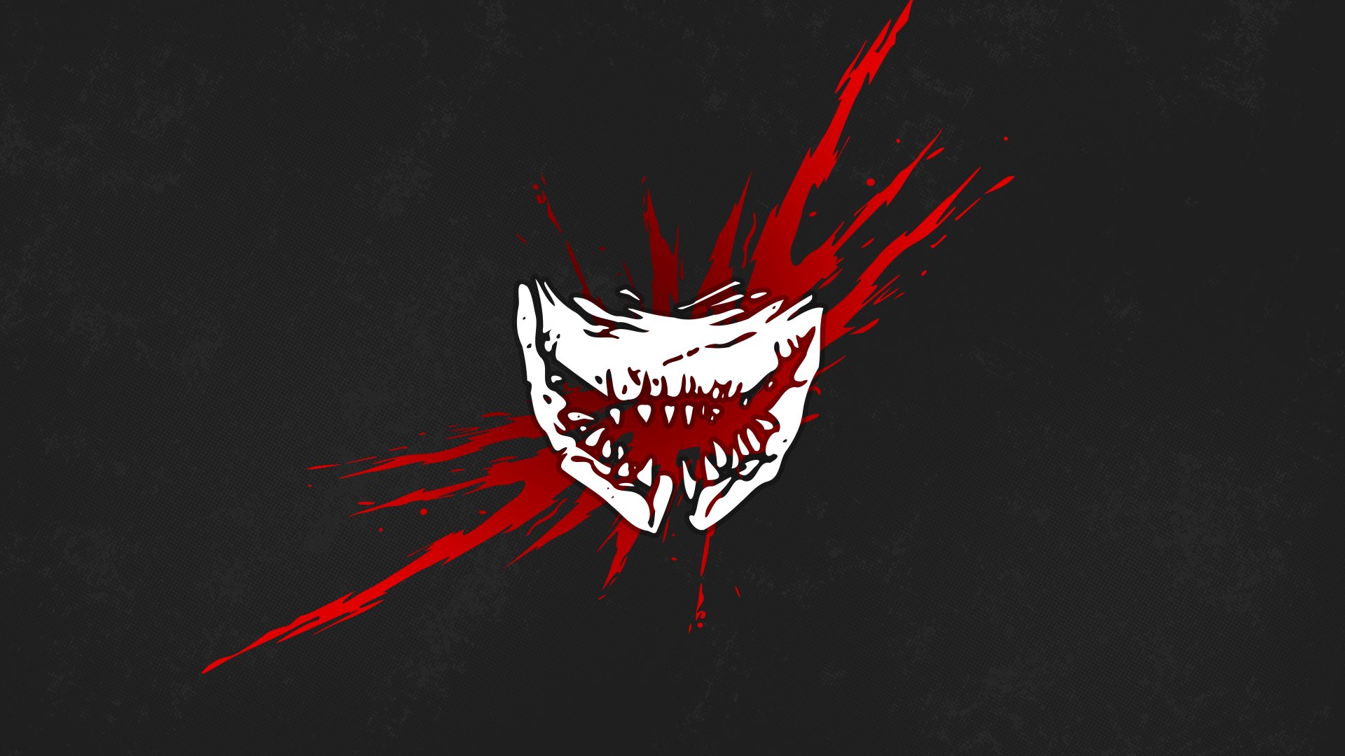 Minimalist 8K Ultra HD PC desktop wallpaper of Agitation (Dead by Daylight): a white jagged demonic grin with red blood-splash streaks on a black background, video game minimalist gaming art.