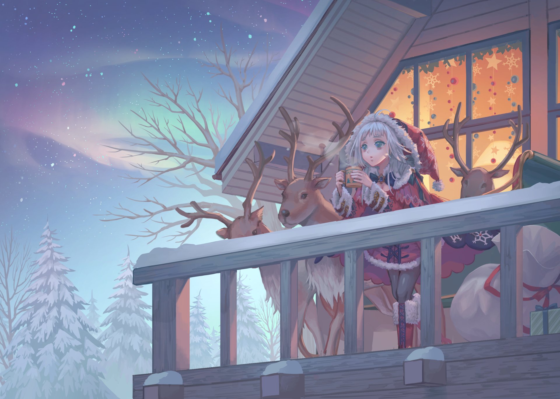 Anime original 2K Quad HD PC desktop wallpaper/background: girl in festive winter outfit and a reindeer on a snowy cabin balcony under a starlit twilight.