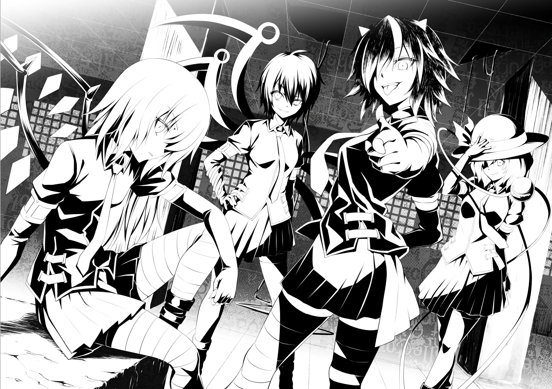 Monochrome HD PC desktop wallpaper featuring Touhou anime characters Koishi Komeiji, Nue Houjuu, Seija Kijin, and Flandre Scarlet in a dynamic group pose.