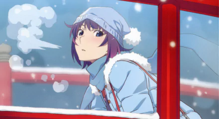 Hitagi Senjōgahara from Monogatari Series in a wintry scene, wearing a blue coat and hat. The HD desktop wallpaper captures her gazing thoughtfully through a red-framed window, with snowfall in the background.