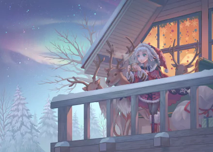Anime original 2K Quad HD PC desktop wallpaper/background: girl in festive winter outfit and a reindeer on a snowy cabin balcony under a starlit twilight.