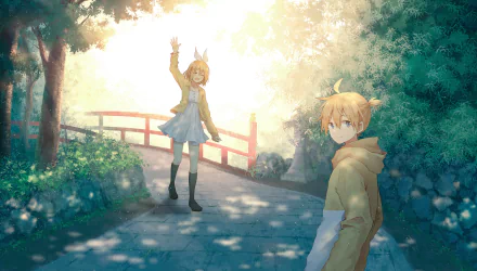HD desktop wallpaper featuring Len Kagamine and Rin Kagamine from Vocaloid in a sunlit park setting with lush greenery and a red bridge in the background.