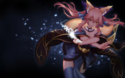 Tamamo no Mae (Fate/Grand Order) anime HD PC desktop wallpaper: fox-eared sorceress in flowing robes casting sparkling magic against a dark, starry background.