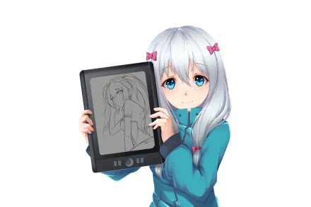 Anime character Sagiri Izumi from EroManga-Sensei holding a drawing tablet displaying a sketch, featured in a vibrant HD PC desktop wallpaper.