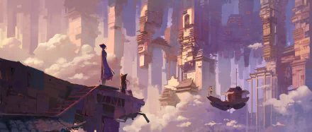 Anime-style HD desktop wallpaper featuring two figures overlooking a floating cityscape with towering structures amidst clouds in a vibrant, original artistic design.