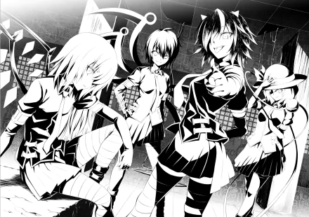 Monochrome HD PC desktop wallpaper featuring Touhou anime characters Koishi Komeiji, Nue Houjuu, Seija Kijin, and Flandre Scarlet in a dynamic group pose.