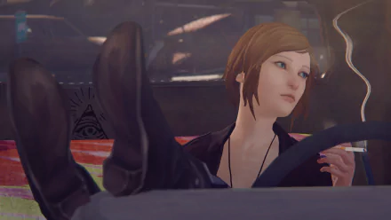 HD desktop wallpaper featuring Chloe Price from the video game Life Is Strange: Before The Storm, with smoke rising in a relaxed, dimly lit car interior.
