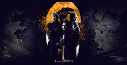 HD desktop wallpaper featuring Lena Headey as Cersei Lannister, Emilia Clarke as Daenerys Targaryen, and Kit Harington as Jon Snow from the TV show Game of Thrones, set against a dark background.