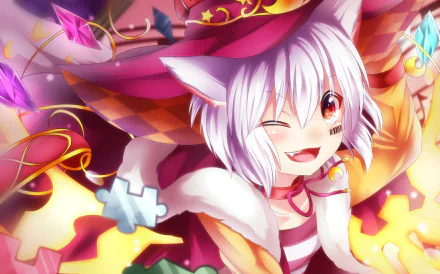 HD PC desktop wallpaper featuring an original anime character with white hair, cat ears, and a playful wink, surrounded by vibrant colors and magical elements.