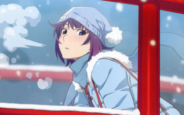 Hitagi Senjōgahara from Monogatari Series in a wintry scene, wearing a blue coat and hat. The HD desktop wallpaper captures her gazing thoughtfully through a red-framed window, with snowfall in the background.