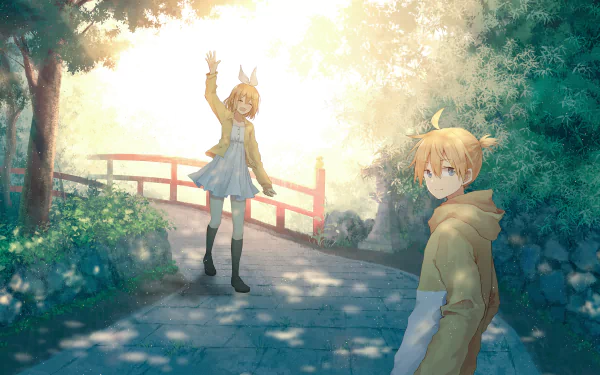 HD desktop wallpaper featuring Len Kagamine and Rin Kagamine from Vocaloid in a sunlit park setting with lush greenery and a red bridge in the background.
