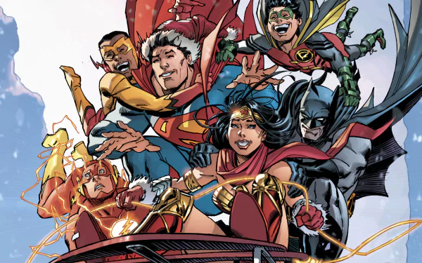 HD PC wallpaper featuring DC Comics heroes Barry Allen, Wallace West, Damian Wayne, Wonder Woman, Superman, Batman, and the Justice League celebrating Christmas.
