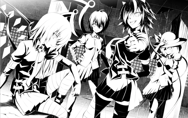 Monochrome HD PC desktop wallpaper featuring Touhou anime characters Koishi Komeiji, Nue Houjuu, Seija Kijin, and Flandre Scarlet in a dynamic group pose.
