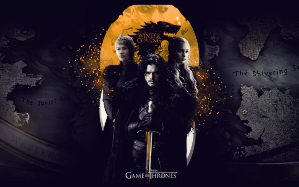 HD desktop wallpaper featuring Lena Headey as Cersei Lannister, Emilia Clarke as Daenerys Targaryen, and Kit Harington as Jon Snow from the TV show Game of Thrones, set against a dark background.
