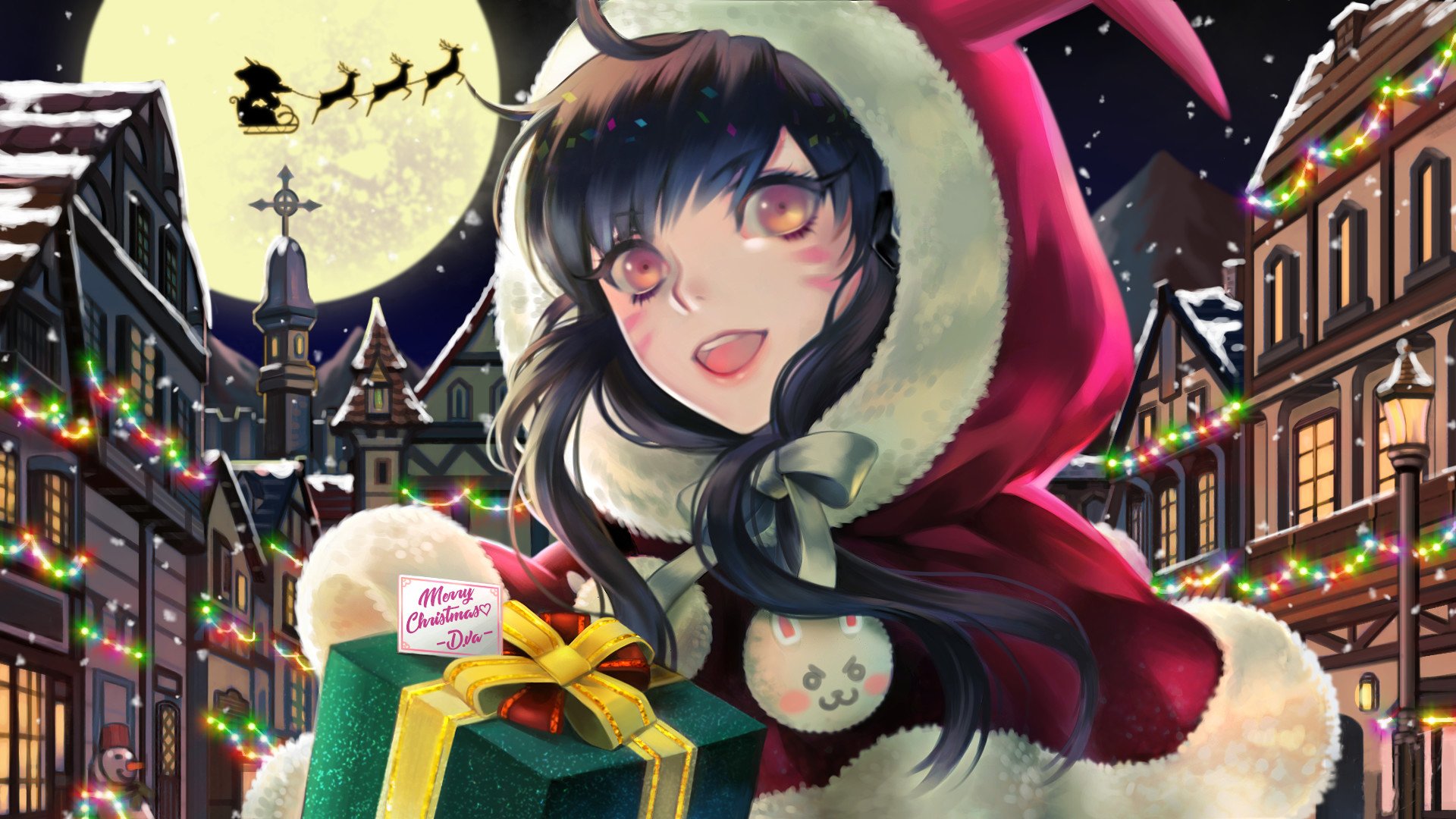 HD PC desktop wallpaper featuring D.Va from Overwatch dressed in festive winter attire, holding a gift against a snowy, decorated street backdrop with a full moon.