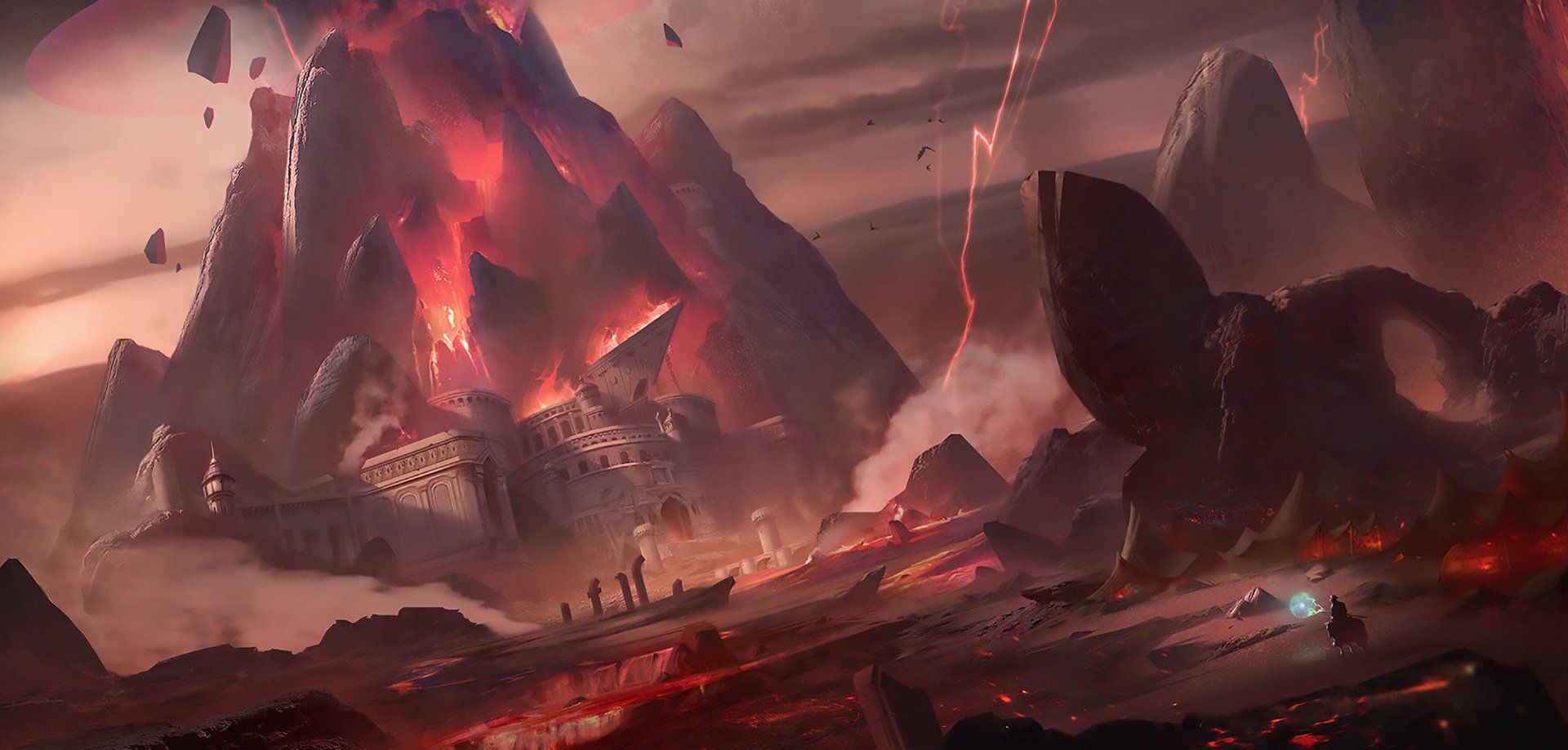 HD PC desktop wallpaper: dramatic fantasy landscape with erupting volcano, molten rivers, and a craggy castle perched on ash-strewn cliffs under stormy skies.