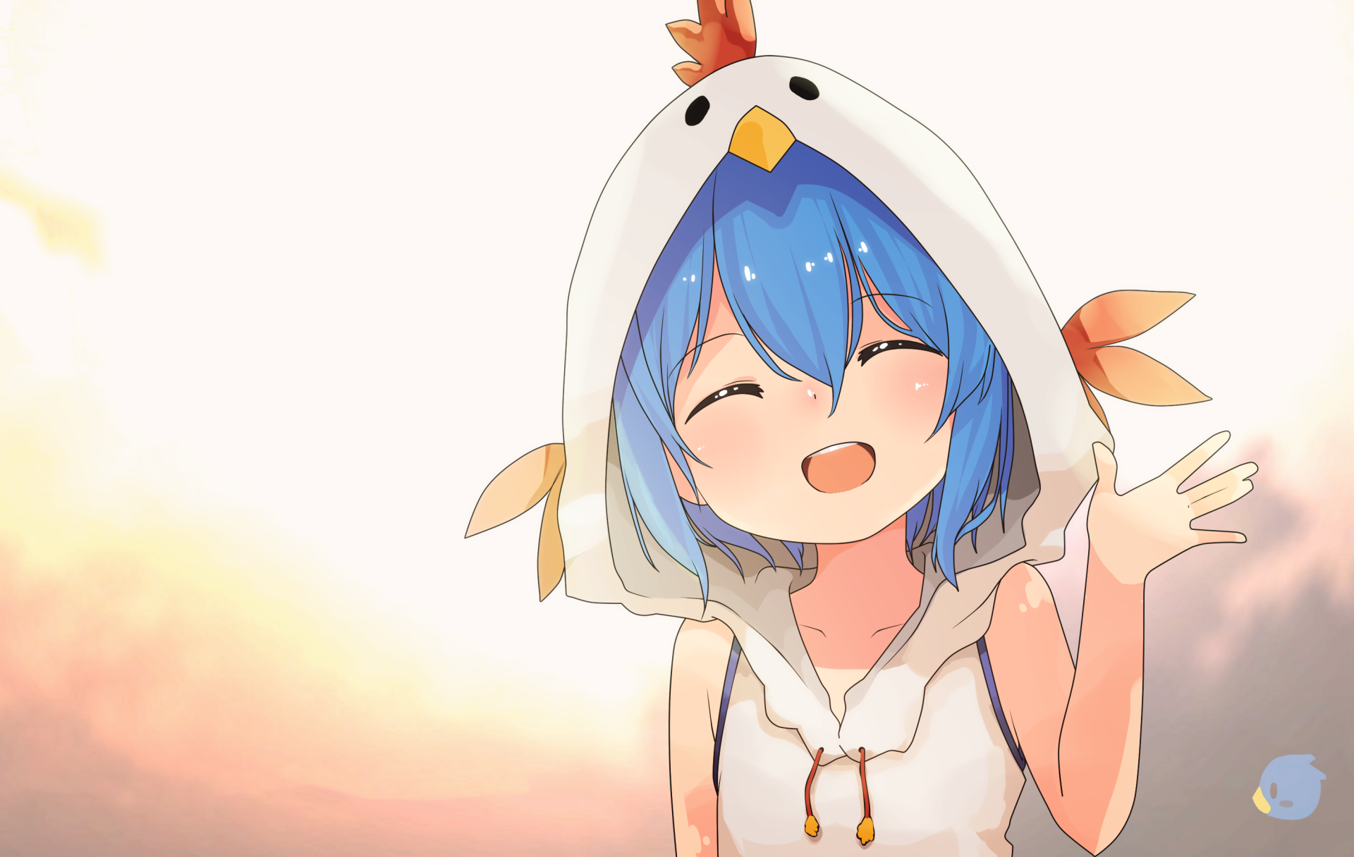 An Anime character with blue hair, wearing a hoodie with a chicken design, smiles brightly in the sunshine. This HD wallpaper offers a cheerful and original background for your desktop.