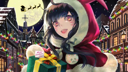 HD PC desktop wallpaper featuring D.Va from Overwatch dressed in festive winter attire, holding a gift against a snowy, decorated street backdrop with a full moon.