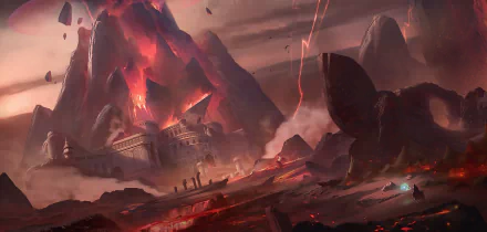 HD PC desktop wallpaper: dramatic fantasy landscape with erupting volcano, molten rivers, and a craggy castle perched on ash-strewn cliffs under stormy skies.