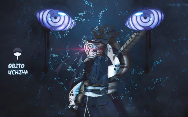 A HD desktop wallpaper featuring Obito Uchiha from Naruto, showcasing the Rinnegan. The dark background emphasizes Obito's intense aura and the powerful Rinnegan eyes above him.