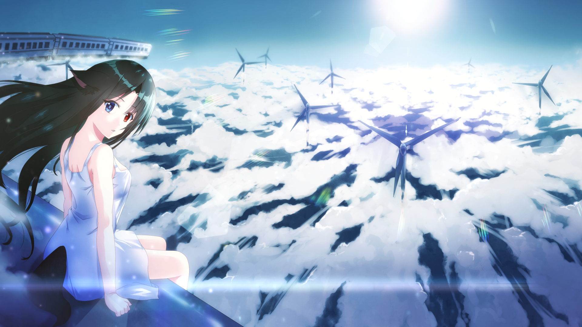 Anime Utau with heterochromia sitting on a wing above clouds and wind turbines under a bright sun — 2K Quad HD PC desktop wallpaper/background.