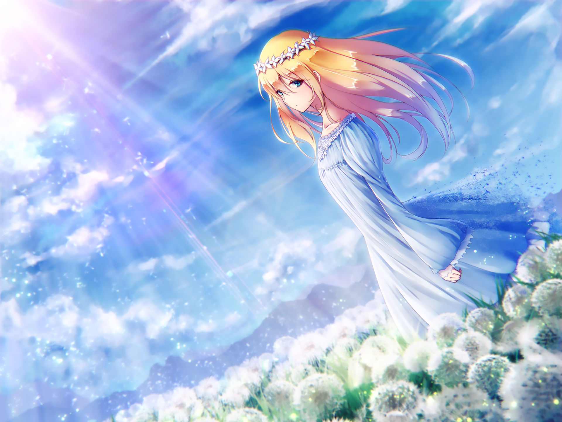 Download Sunlight Ribbon Blue Eyes Flower Dress Blonde Anime Original ...