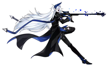 HD PC wallpaper of Ciel from Elsword with long white hair, horns, and a gun, showcasing dynamic action in a dark outfit against a transparent background.