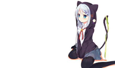 Anime-style original character with white hair and cat ears hoodie, wearing a school uniform and thigh highs, set against a clean white background.
