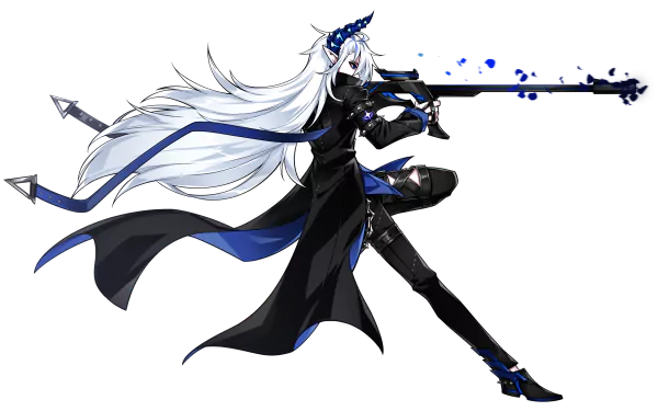 HD PC wallpaper of Ciel from Elsword with long white hair, horns, and a gun, showcasing dynamic action in a dark outfit against a transparent background.