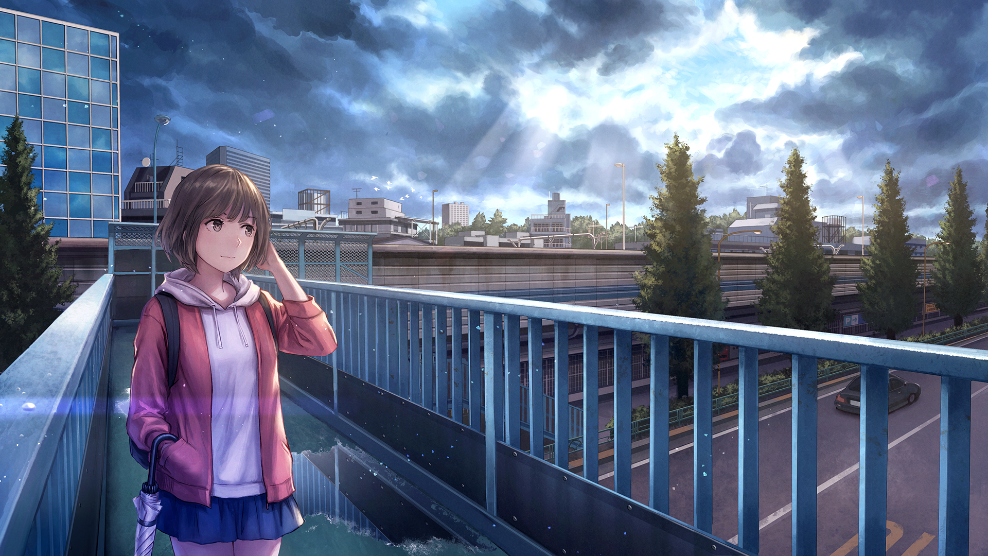 HD anime desktop wallpaper of a short-haired character in a hoodie standing on a bridge under dramatic clouds and light, blending urban and natural elements.