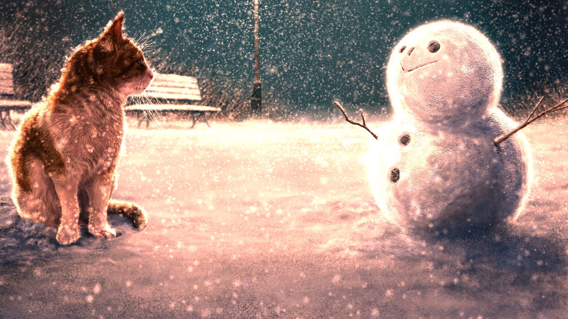 A whimsical winter scene features a cat gazing curiously at a friendly snowman, surrounded by softly falling snow, creating a charming anime-inspired atmosphere.